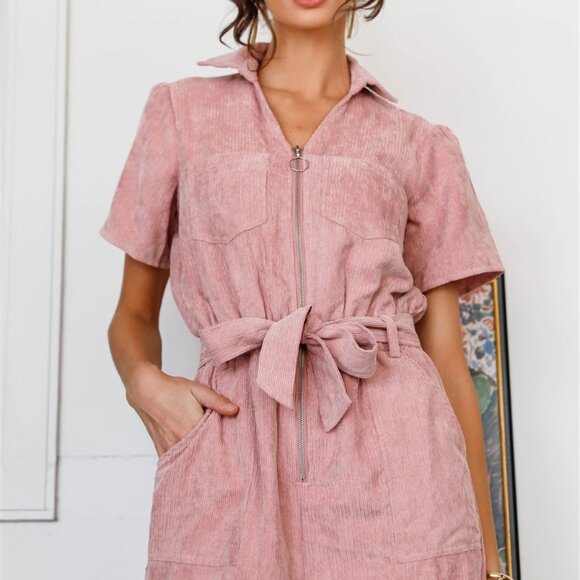 Mauve Velvet Short Sleeve Self-Tie Belted O-Ring Z - Picture 5 of 6